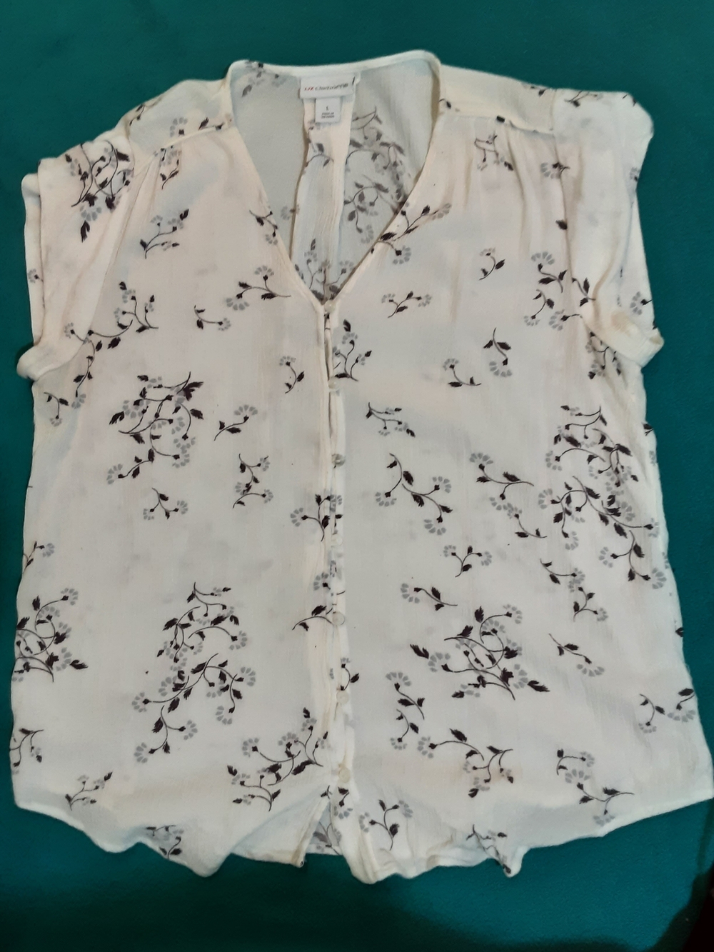 Liz Claiborne White Floral Button-Down Cap Sleeve Blouse